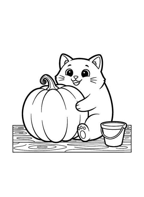 Cute Halloween cat coloring page of a chubby cat hugging a pumpkin almost as big as itself, free printable