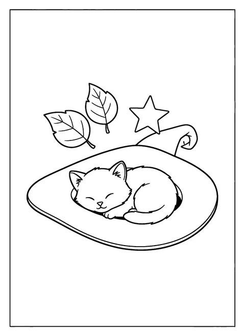 One of 12 free printable Halloween cat coloring pages: a tiny kitten asleep inside an upside-down witch hat
