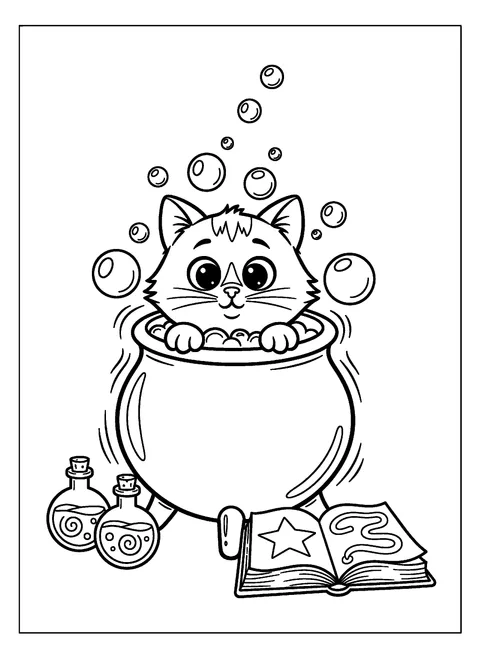 Halloween cat coloring page of a curious cat peeking out of a bubbling witch's cauldron with potion bottles, free printable