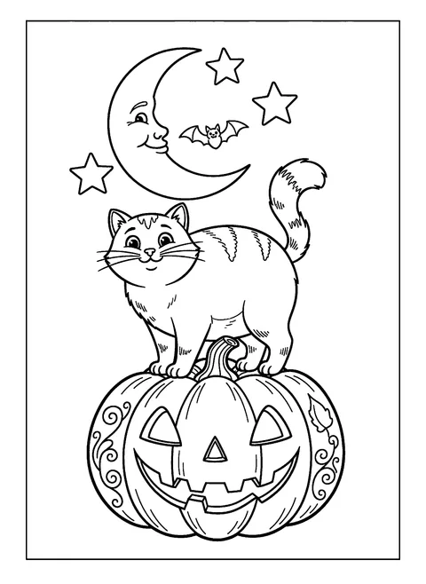 Spooky Halloween cat coloring page of an arched-back cat standing on a carved jack-o'-lantern under a crescent moon, free printable