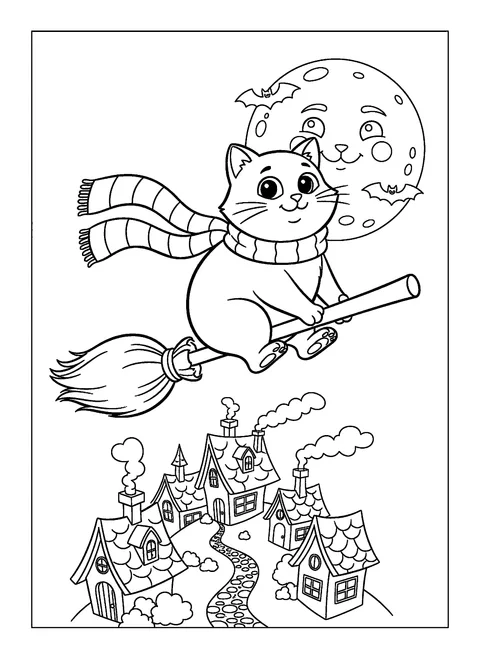 Halloween cat coloring page of a cat riding a witch's broom over village rooftops with a full moon and bats, free printable