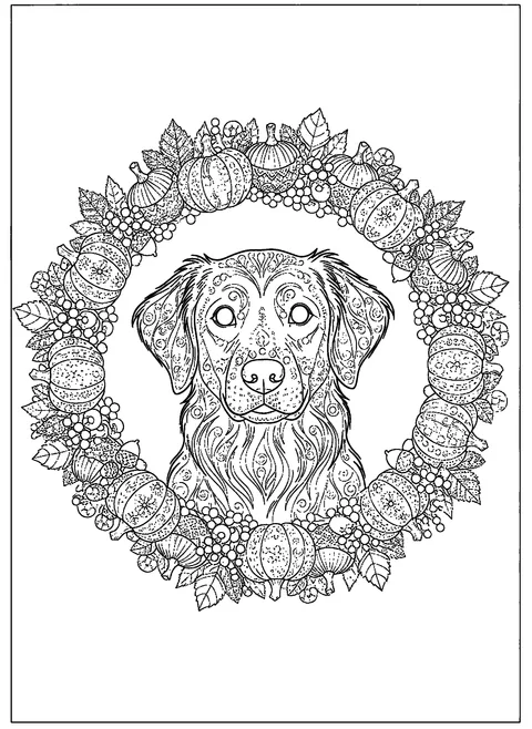 Halloween dog coloring page for adults with a detailed dog portrait in a wreath of leaves, pumpkins, and acorns, free printable