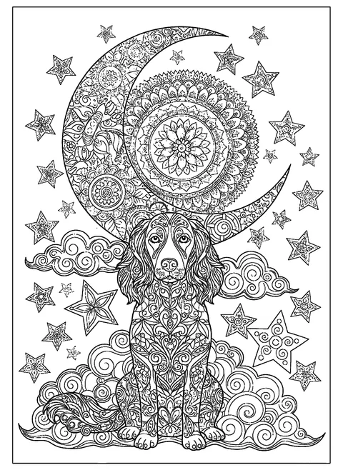 Halloween dog coloring page for adults with an ornate dog in front of a mandala-patterned crescent moon, free printable