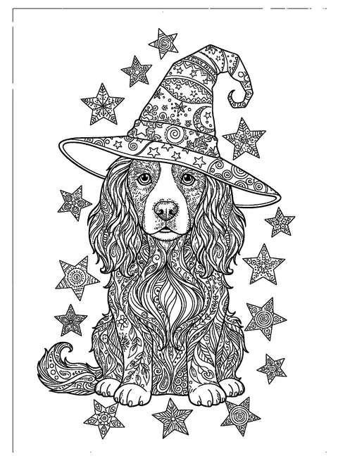 Halloween dog coloring page for adults with a long-haired dog in a decorated witch hat and zentangle fur, free printable