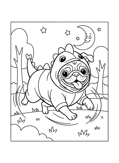 Halloween dog coloring page of a pug in a dinosaur hoodie costume running happily, free printable