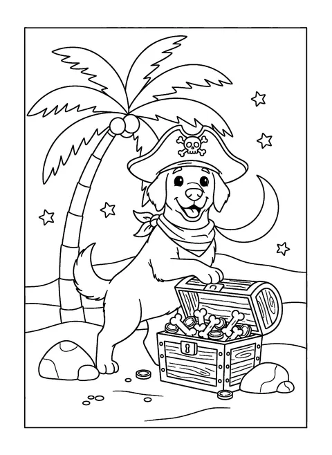 Halloween dog coloring page of a dog in a pirate hat with a treasure chest of dog biscuits, free printable