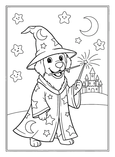 Halloween dog coloring page of a dog in a wizard robe and starry hat holding a wand, free printable