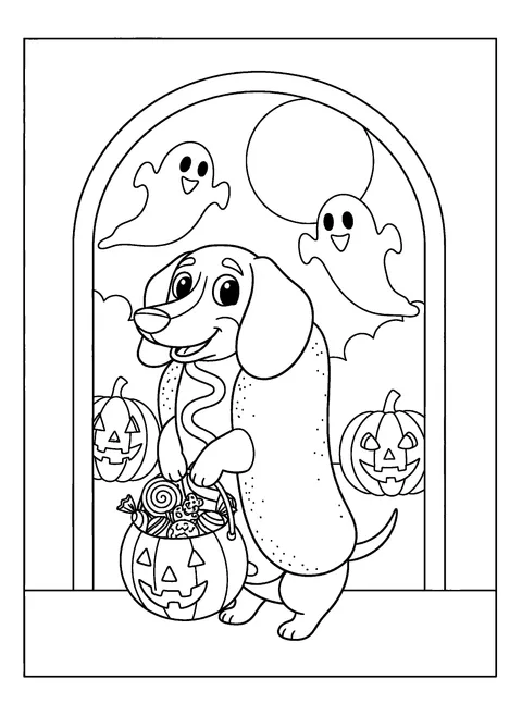 Cute Halloween dog coloring page of a dachshund in a hot dog bun costume with a mustard squiggle, free printable