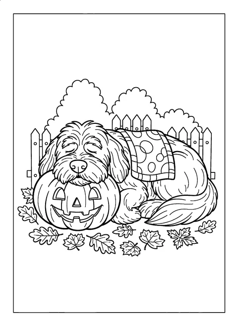 Cute Halloween dog coloring page of a fluffy dog asleep curled around a pumpkin, free printable