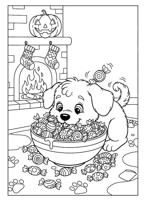 One of 9 free printable Halloween dog coloring pages: a puppy with its nose in the candy bowl, one candy stuck to its ear