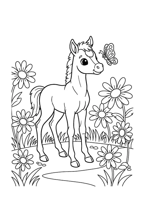 One of 9 free printable horse coloring pages: a cute foal meeting a butterfly in a field of daisies
