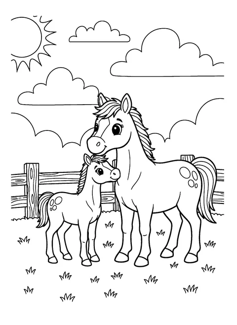 Cute horse coloring page of a foal nuzzling its mother by a wooden fence under a sunny sky, free printable