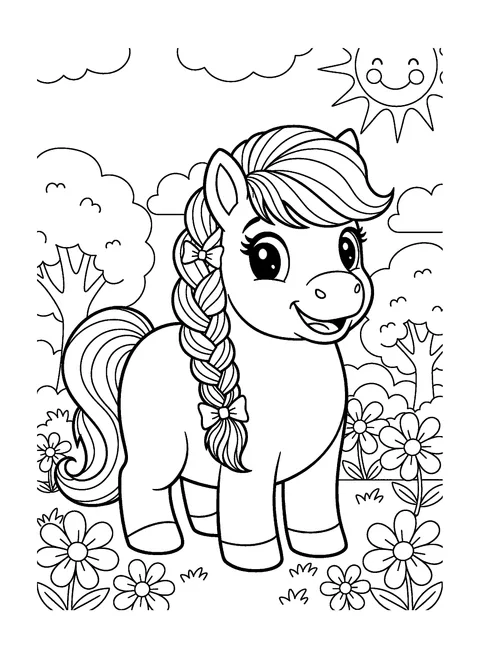 Cute horse coloring page of a chubby smiling pony with a long braided mane among flowers, free printable