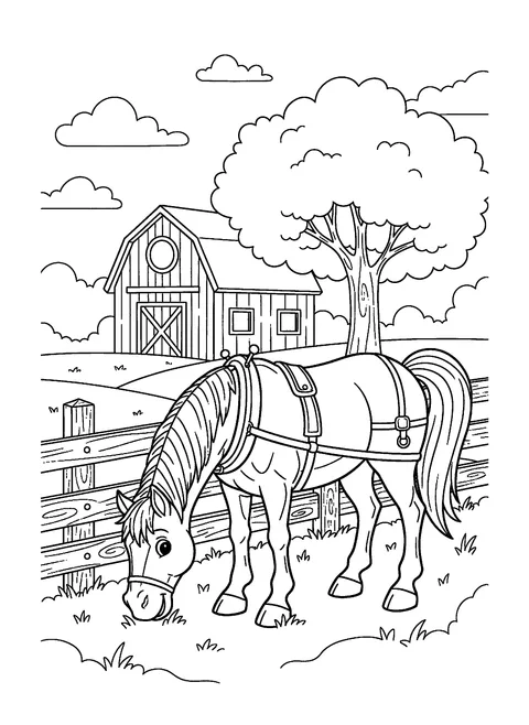 Horse coloring page of a horse grazing by a fence with a red barn and a big tree behind it, free printable