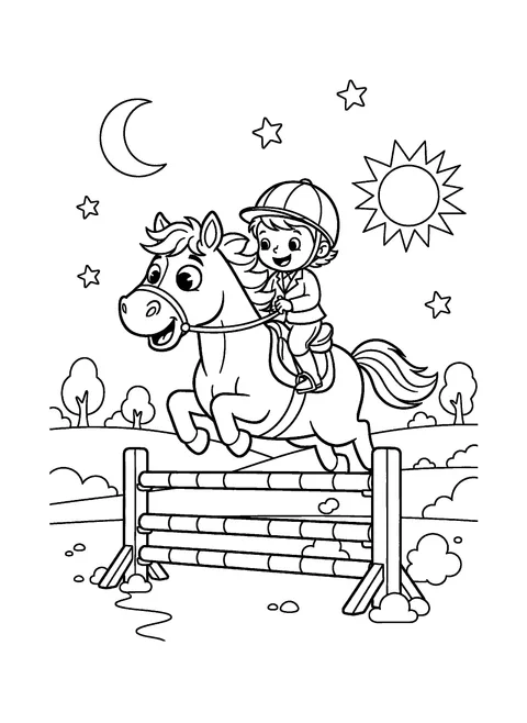 Horse coloring page for kids of a young rider in a helmet jumping a pony over a striped fence, free printable