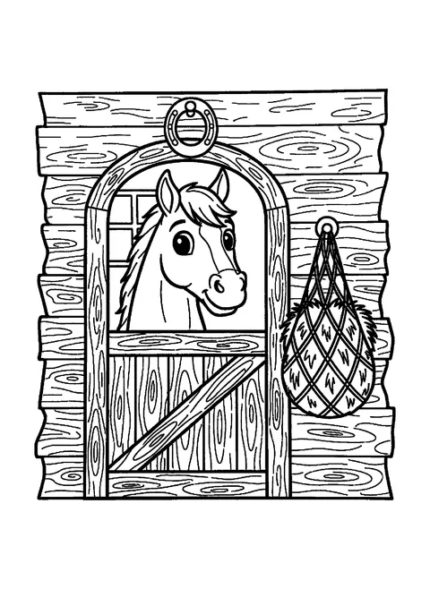 Horse coloring page of a friendly horse looking over a wooden stable door with a horseshoe and hay net, free printable