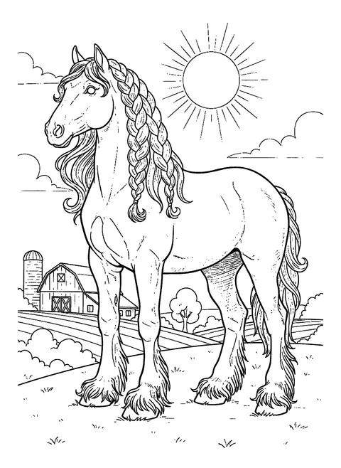 Realistic horse coloring page of a draft horse with a braided mane and feathered hooves near a farm, free printable