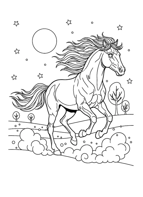 Realistic horse coloring page of a horse galloping with its mane and tail flying, free printable