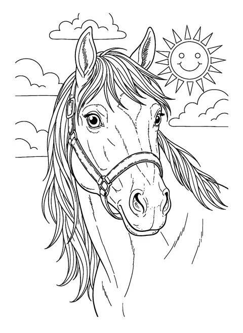 Realistic horse coloring page of a horse head portrait with a flowing mane and a leather halter, free printable