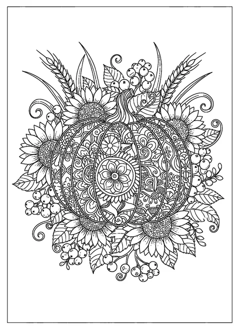 Pumpkin coloring page for adults with a mandala-patterned pumpkin, sunflowers, and wheat, free printable