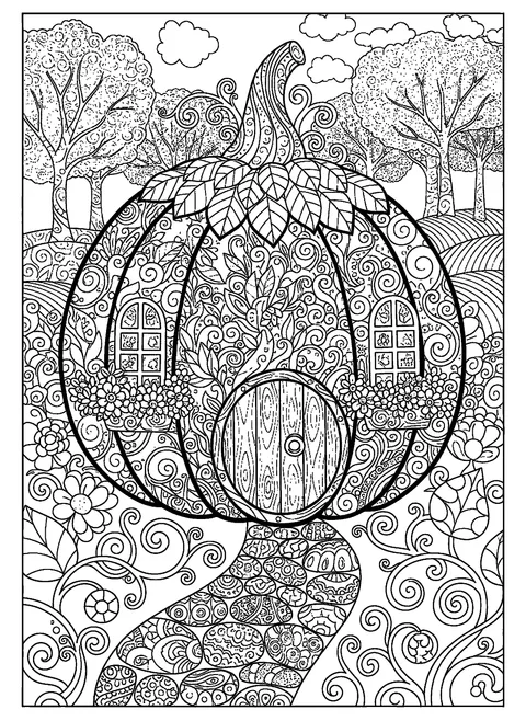 Pumpkin coloring page for adults with a whimsical cottage carved from a giant pumpkin, free printable