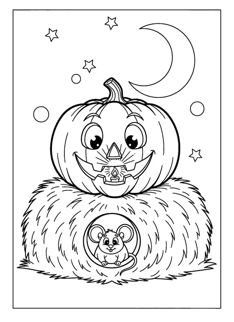 Pumpkin coloring page of a smiling jack-o'-lantern on a hay stack with a small mouse, free printable