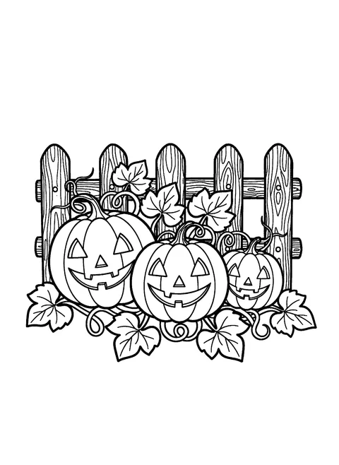 Pumpkin coloring page with three pumpkins, curling vines, and a wooden fence, free printable