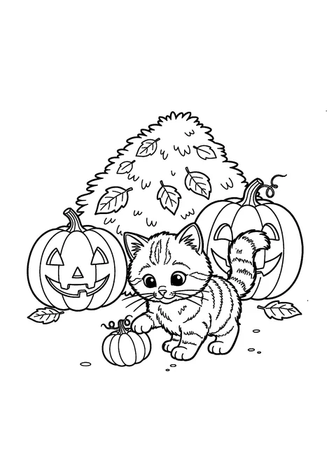 Cute pumpkin coloring page of a curious kitten batting a tiny pumpkin with its paw, free printable
