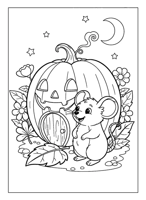 Cute pumpkin coloring page of a mouse at the door of a pumpkin turned into a tiny house, free printable