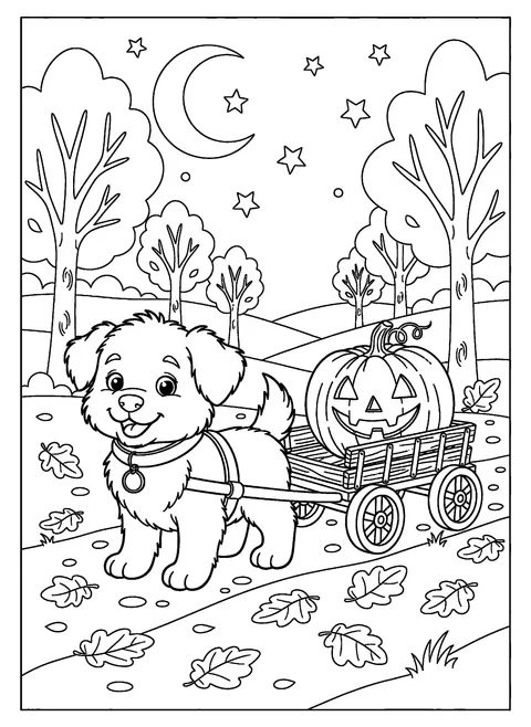 Cute pumpkin coloring page of a happy puppy pulling a wooden wagon with a big pumpkin, free printable