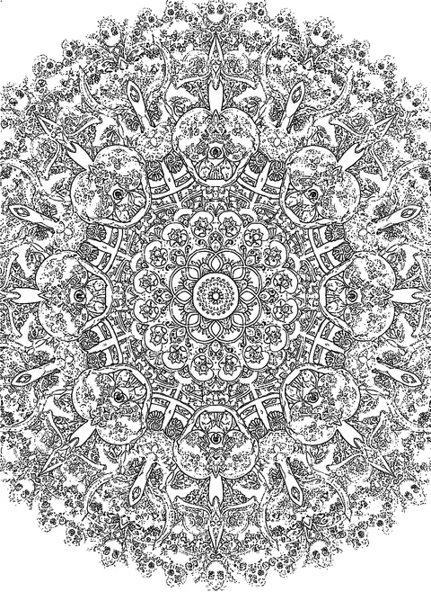 Skeleton coloring page for adults with a symmetrical mandala of stylized bones, skulls, and marigolds, free printable