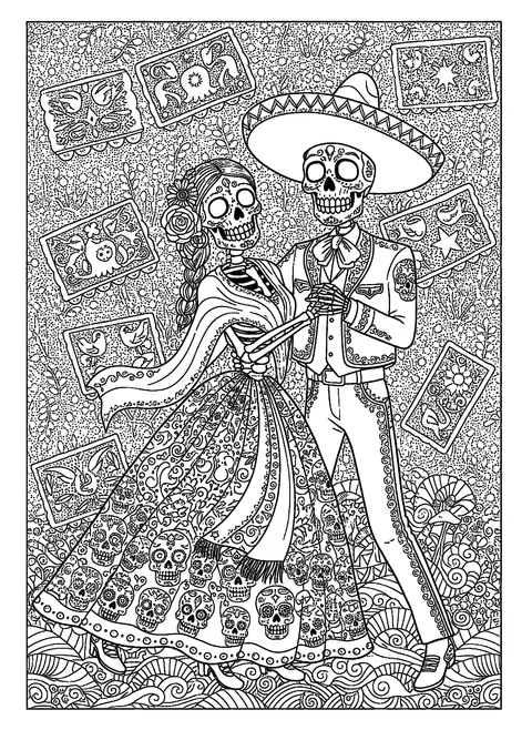 Skeleton coloring page for adults with a folk-art skeleton couple dancing in festive clothes, free printable