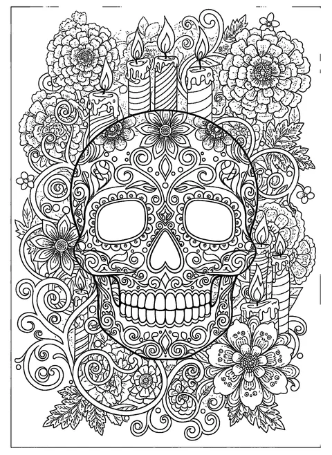 Skeleton coloring page for adults with an ornate sugar skull surrounded by marigolds and candles, free printable