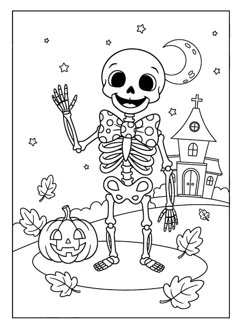 One of 9 free printable skeleton coloring pages: a smiling skeleton in a bowtie waving hello next to a pumpkin