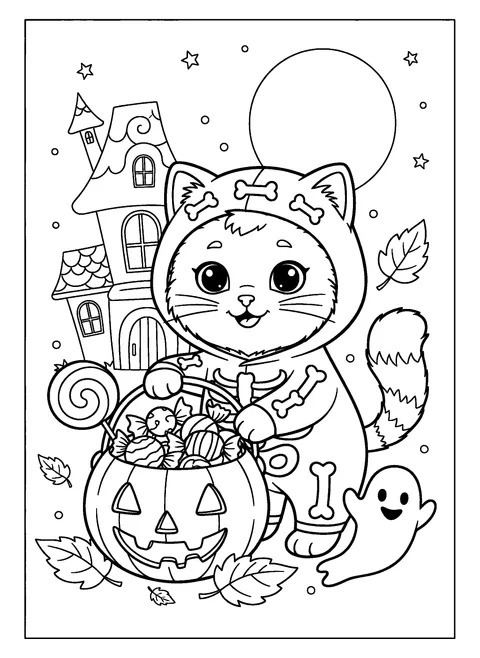 Cute skeleton coloring page of a kitten wearing a skeleton onesie costume with a candy bucket, free printable