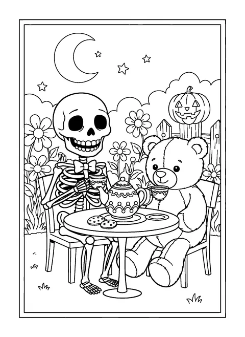 Cute skeleton coloring page of a friendly skeleton having a tea party with a teddy bear, free printable