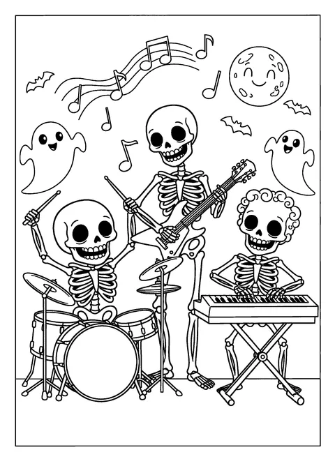 Skeleton coloring page for kids of three skeletons playing drums, guitar, and keyboard, free printable