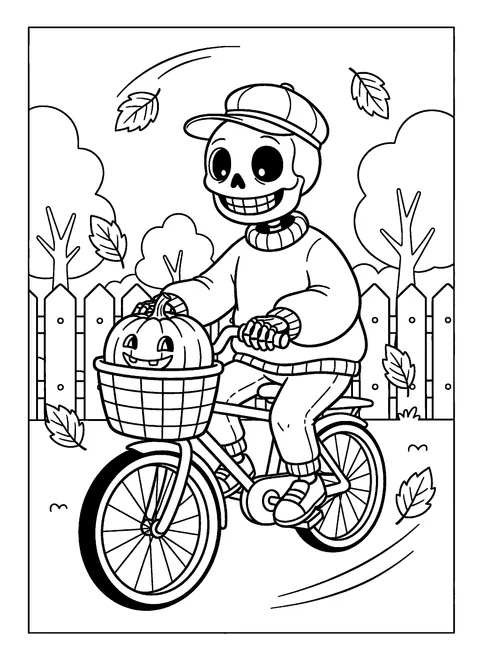 Skeleton coloring page for kids of a cheerful skeleton riding a bicycle with a pumpkin in the basket, free printable