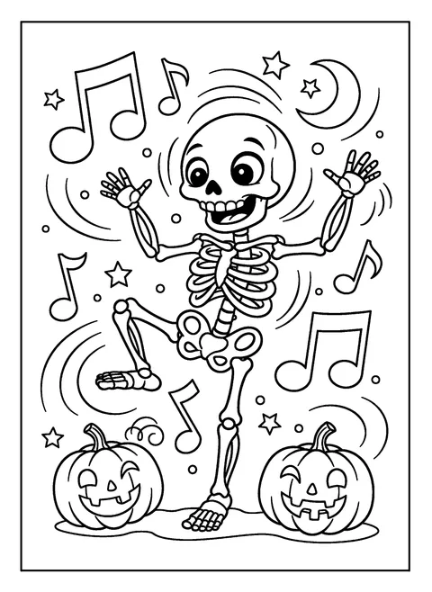 Skeleton coloring page for kids of a happy skeleton dancing with music notes and pumpkins, free printable
