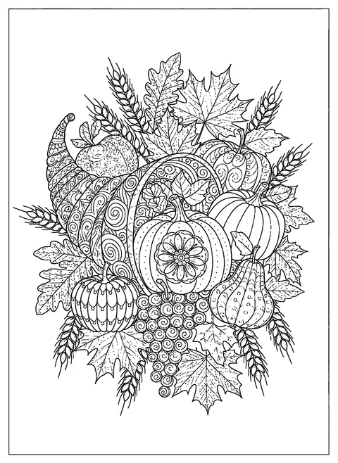 Thanksgiving coloring page for adults with an intricate mandala-patterned cornucopia and wheat, free printable