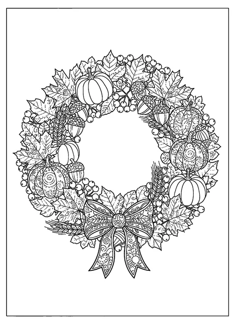 Thanksgiving coloring page for adults with a detailed wreath of leaves, berries, acorns, and pumpkins, free printable