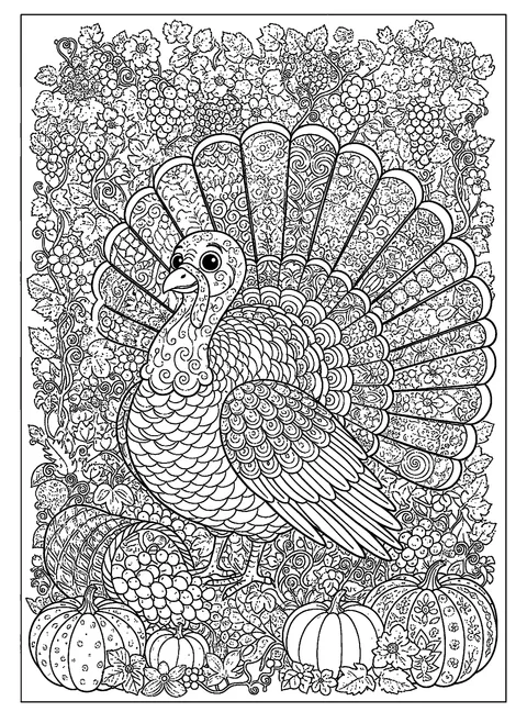 Thanksgiving coloring page for adults with a turkey whose tail feathers carry intricate patterns, free printable