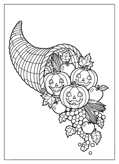 Thanksgiving coloring page of a woven cornucopia spilling pumpkins, apples, and corn, free printable