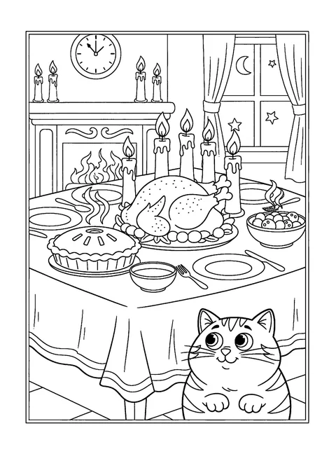 Thanksgiving coloring page of a festive dinner table with a cat peeking over the edge, free printable