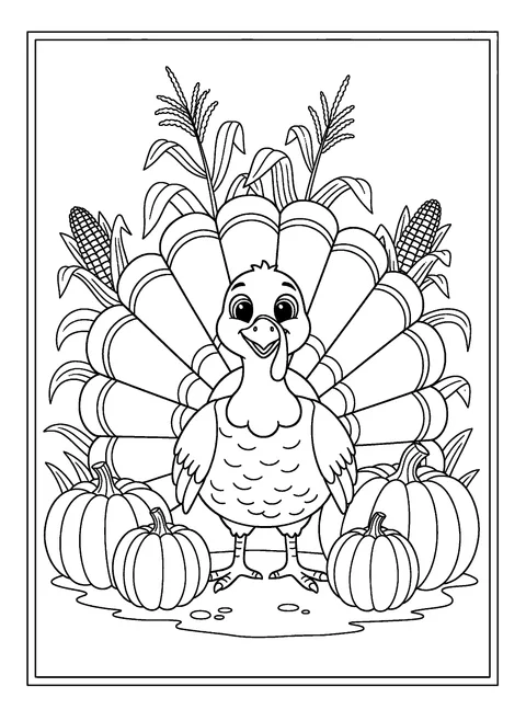 Thanksgiving coloring page of a proud turkey with a big fanned tail among pumpkins, free printable