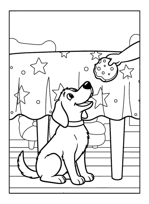 Cute Thanksgiving coloring page of a dog under the kids' table receiving secretly passed food, free printable