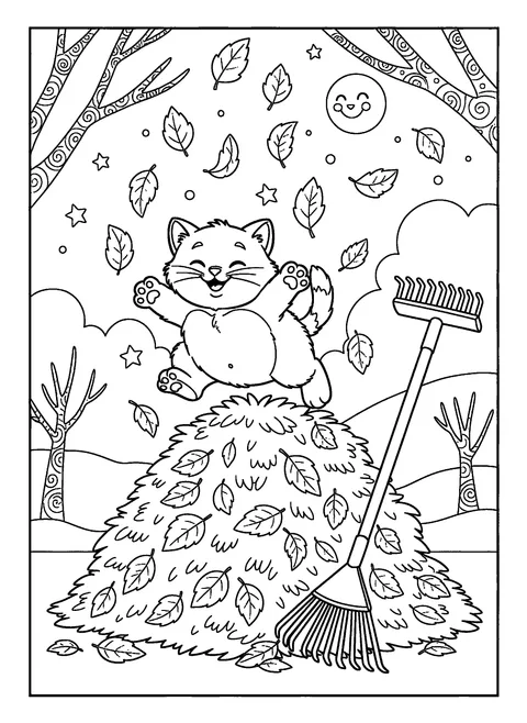 Cute Thanksgiving coloring page of a kitten leaping into a raked pile of autumn leaves, free printable