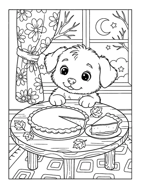 One of 12 free printable Thanksgiving coloring pages: a puppy gazing hopefully at a pumpkin pie