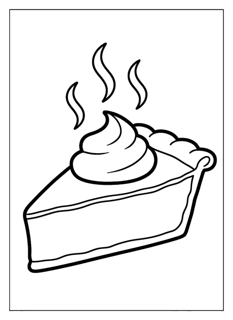 Easy Thanksgiving coloring page for toddlers with a big slice of pumpkin pie and whipped cream, free printable