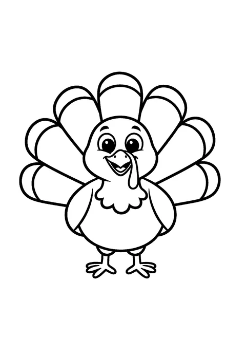 Easy Thanksgiving coloring page for toddlers with one big smiling turkey in extra thick lines, free printable